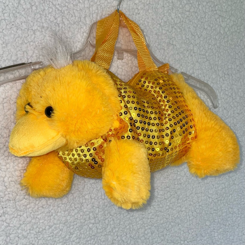Like-new plush duck tote/backpack, yellow with gold sequins & waterproof pouch
